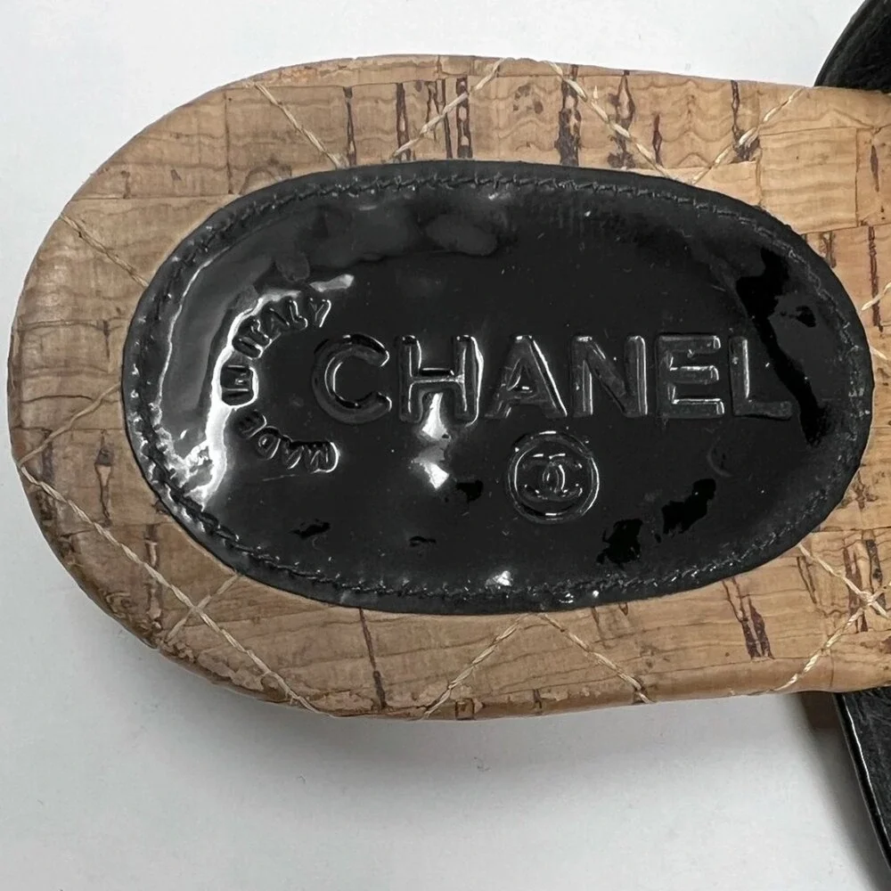 Chanel Black Patent‎ Thong Sandals CC Cork Sole Flat Sandals 40.5